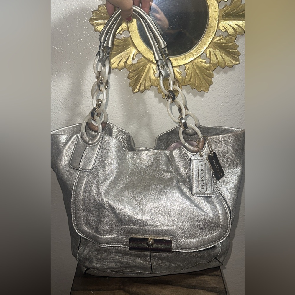 Coach Kristin Pewter 16814 Leather East West Satchel Shoulder Bag